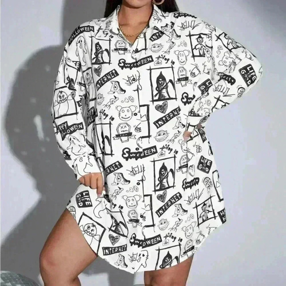 SHEIN Curve UK Graffiti Print Drop Shoulder Shirt Dress Size US 20 - Picture 2 of 14